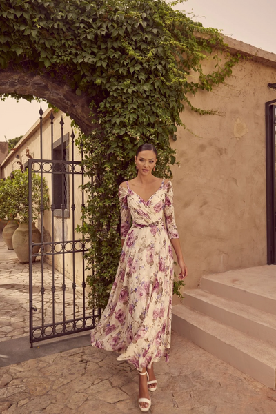 Cream Off the Shoulder Dress With Pink, Beige & Lilac Floral Pattern