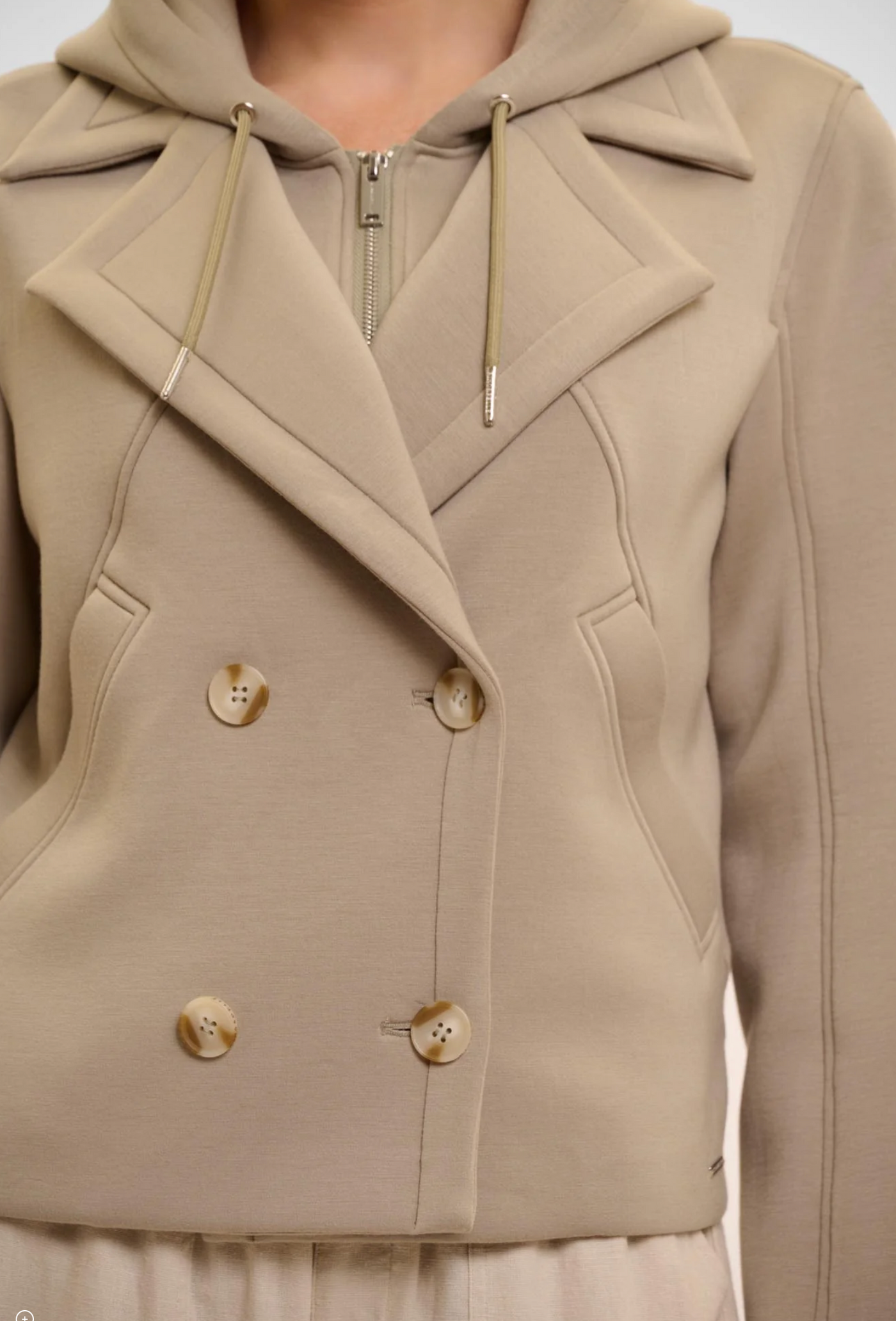 Dusty Khaki Double Breasted Jacket With Detachable Hood Collar