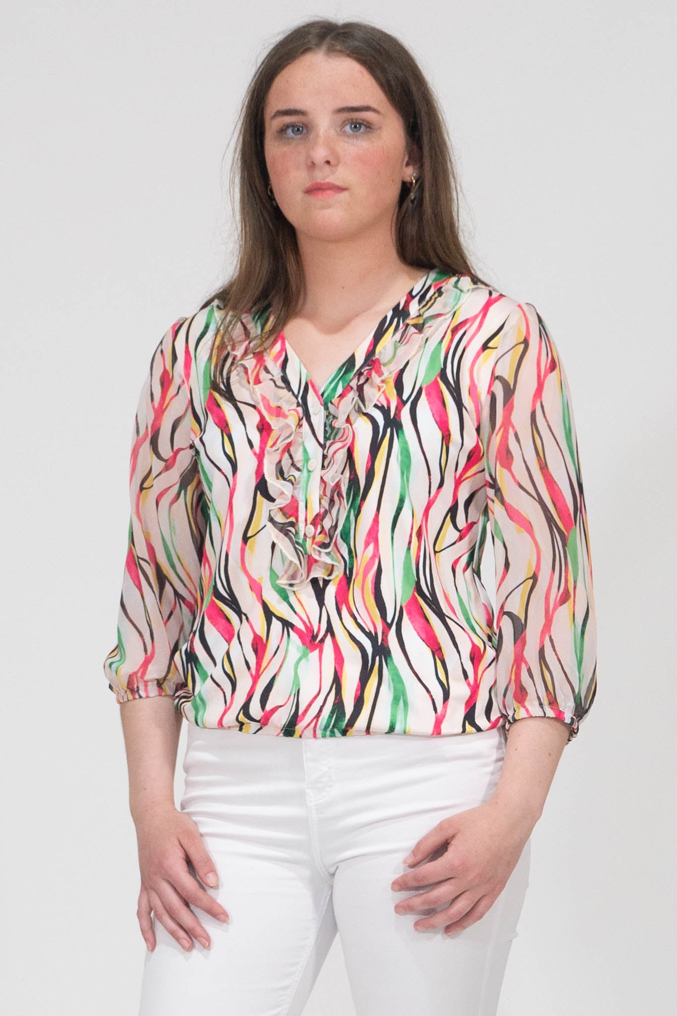 Aubree Abstract Print Top With Elasticated Hem - Pink & White