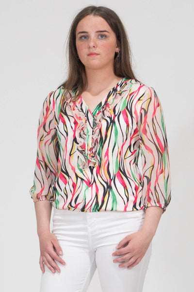 Aubree Abstract Print Top With Elasticated Hem - Pink & White
