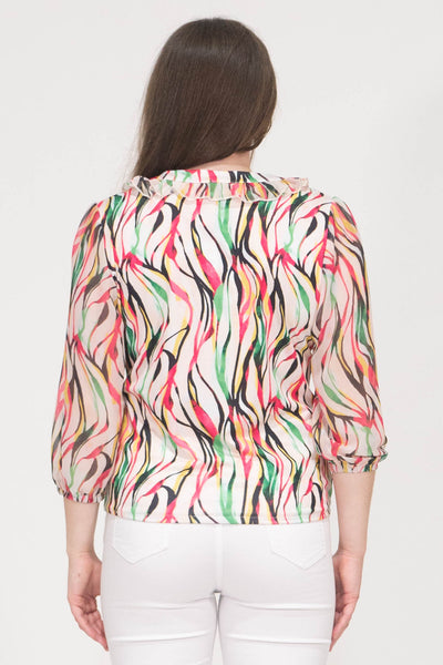 Aubree Abstract Print Top With Elasticated Hem - Pink & White
