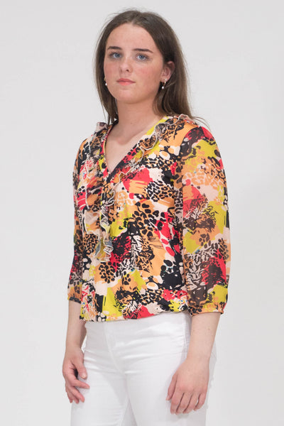 Aubree Floral Print Top With Elasticated Hem - Yellow & Black