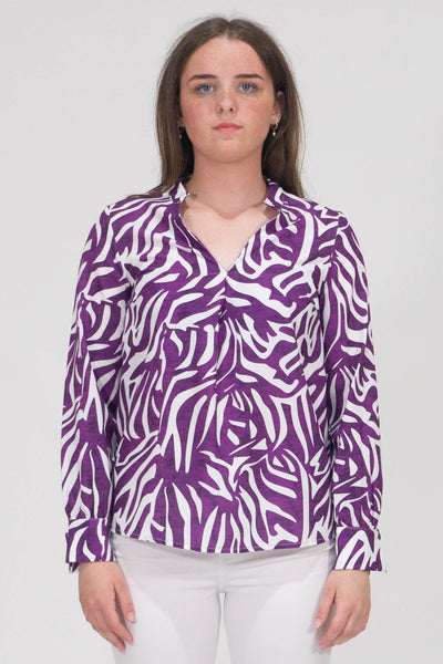 Raven Printed Top With Grandfather Collar - Purple
