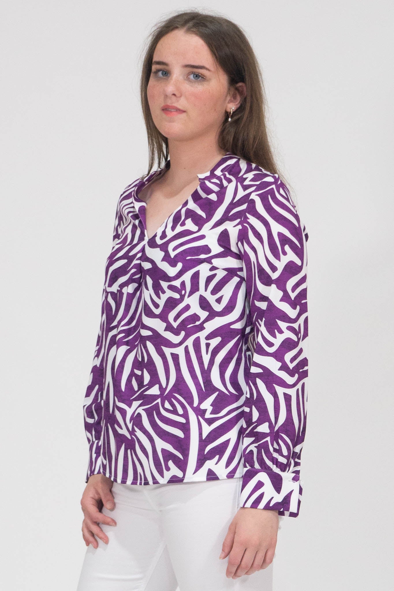 Raven Printed Top With Grandfather Collar - Purple