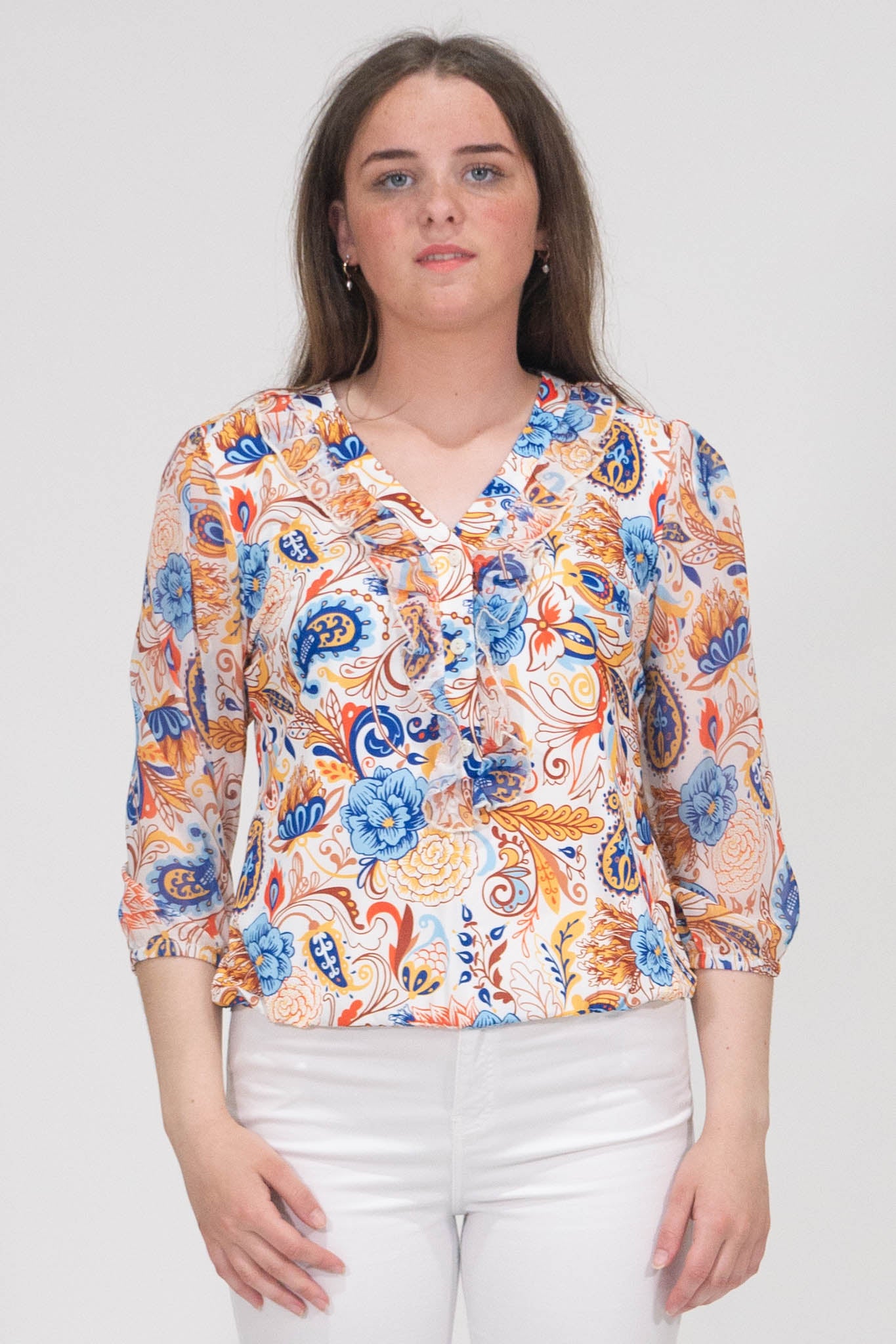 Aubree Paisley Print Top With Elasticated Hem - Blue & Yellow