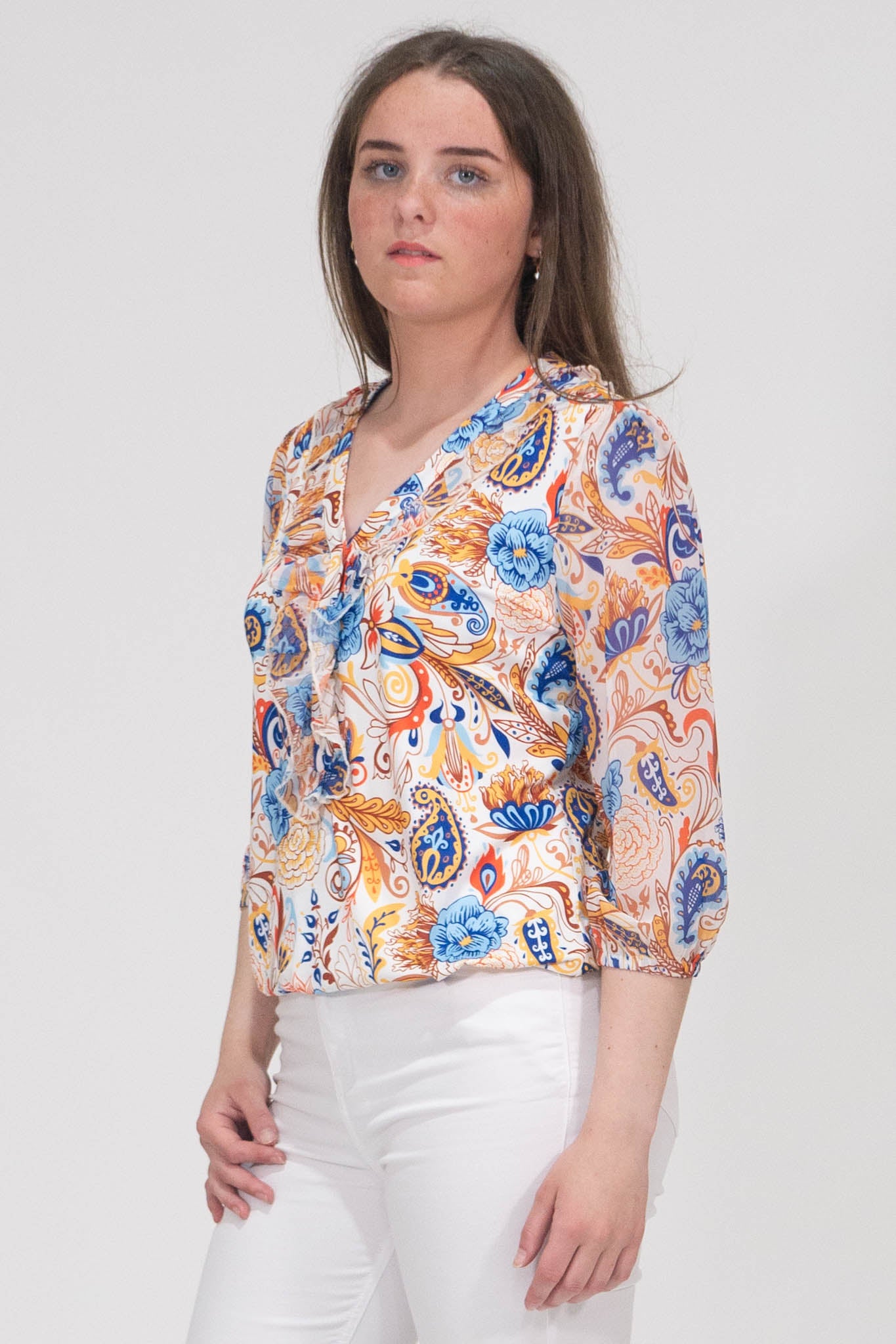 Aubree Paisley Print Top With Elasticated Hem - Blue & Yellow