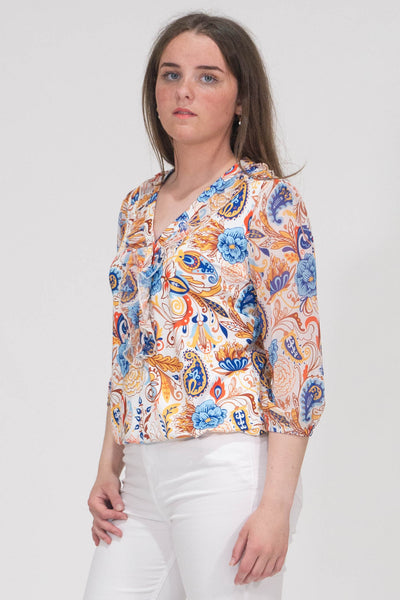 Aubree Paisley Print Top With Elasticated Hem - Blue & Yellow