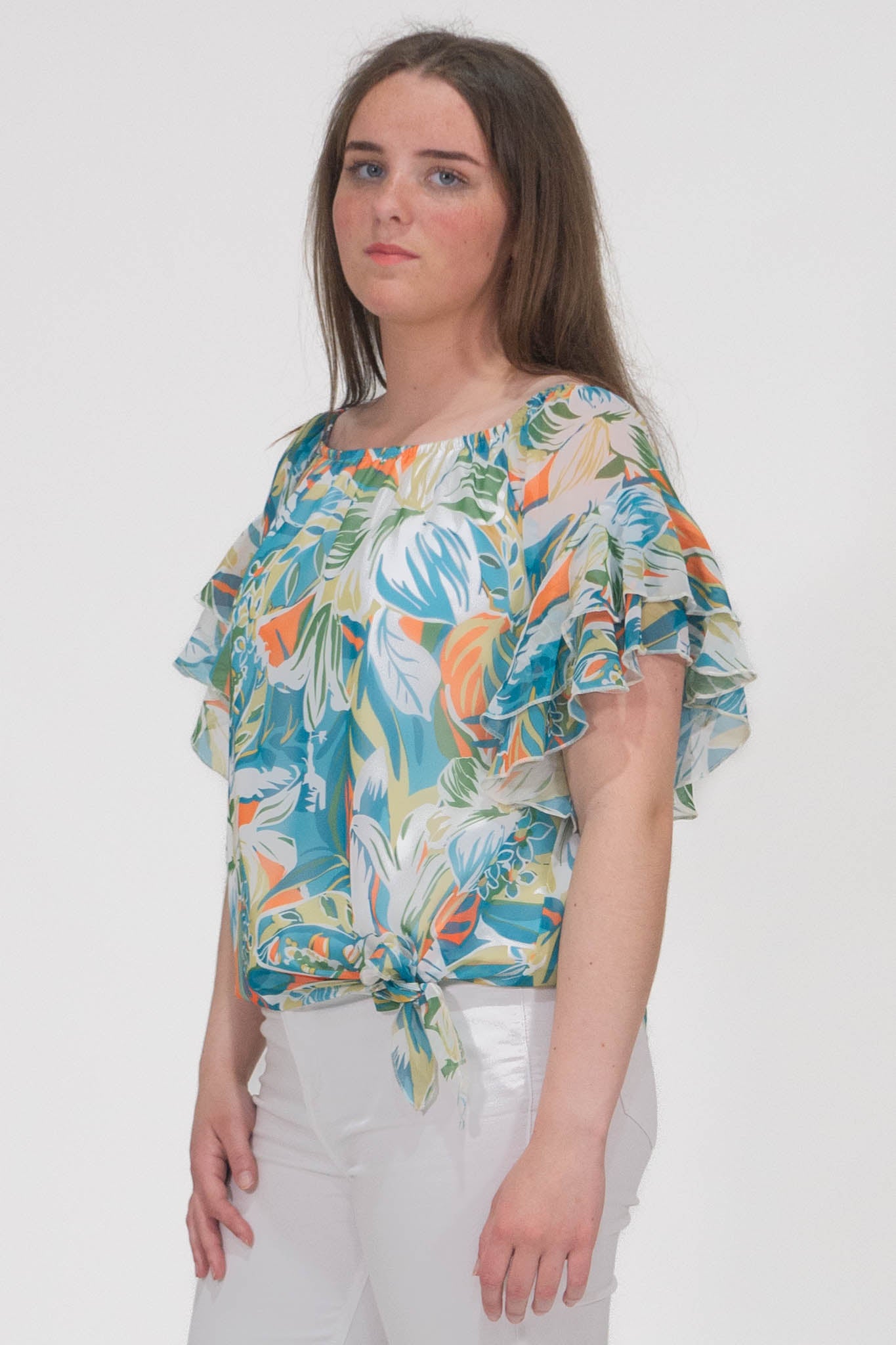 Pippa Gathered Round Neck Top With Tie Hem - Green