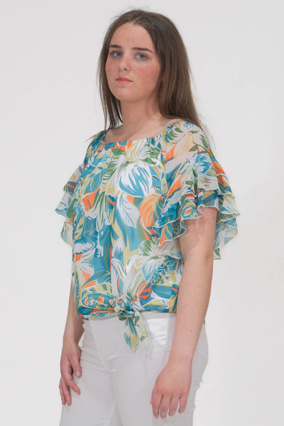 Pippa Gathered Round Neck Top With Tie Hem - Green