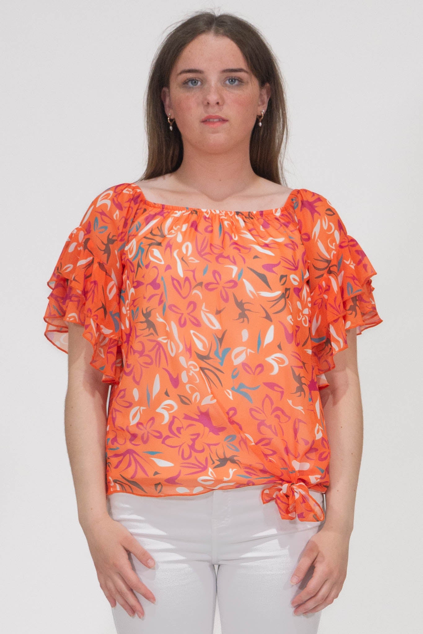 Pippa Gathered Round Neck Top With Tie Hem - Orange