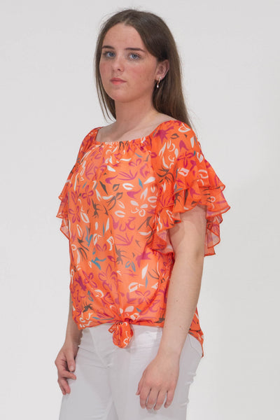 Pippa Gathered Round Neck Top With Tie Hem - Orange