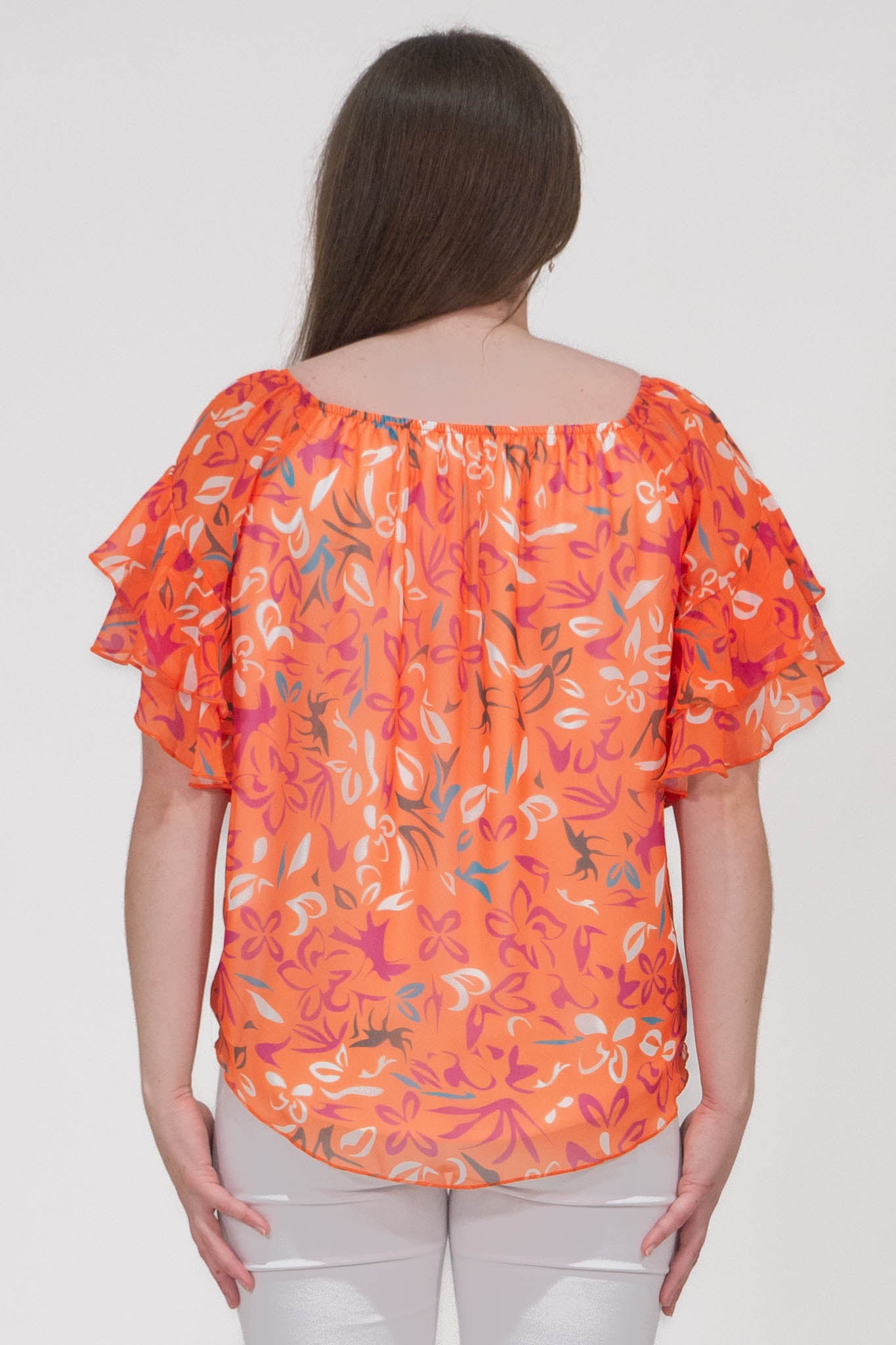 Pippa Gathered Round Neck Top With Tie Hem - Orange