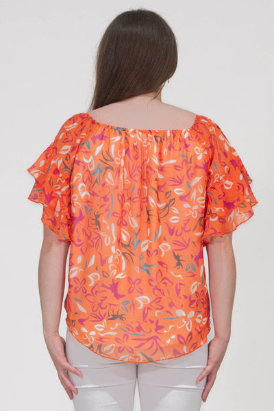 Pippa Gathered Round Neck Top With Tie Hem - Orange
