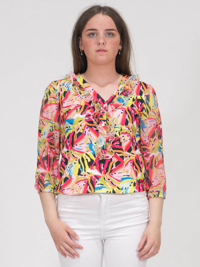 Aubree Floral Print Top With Elasticated Hem - Green & Pink