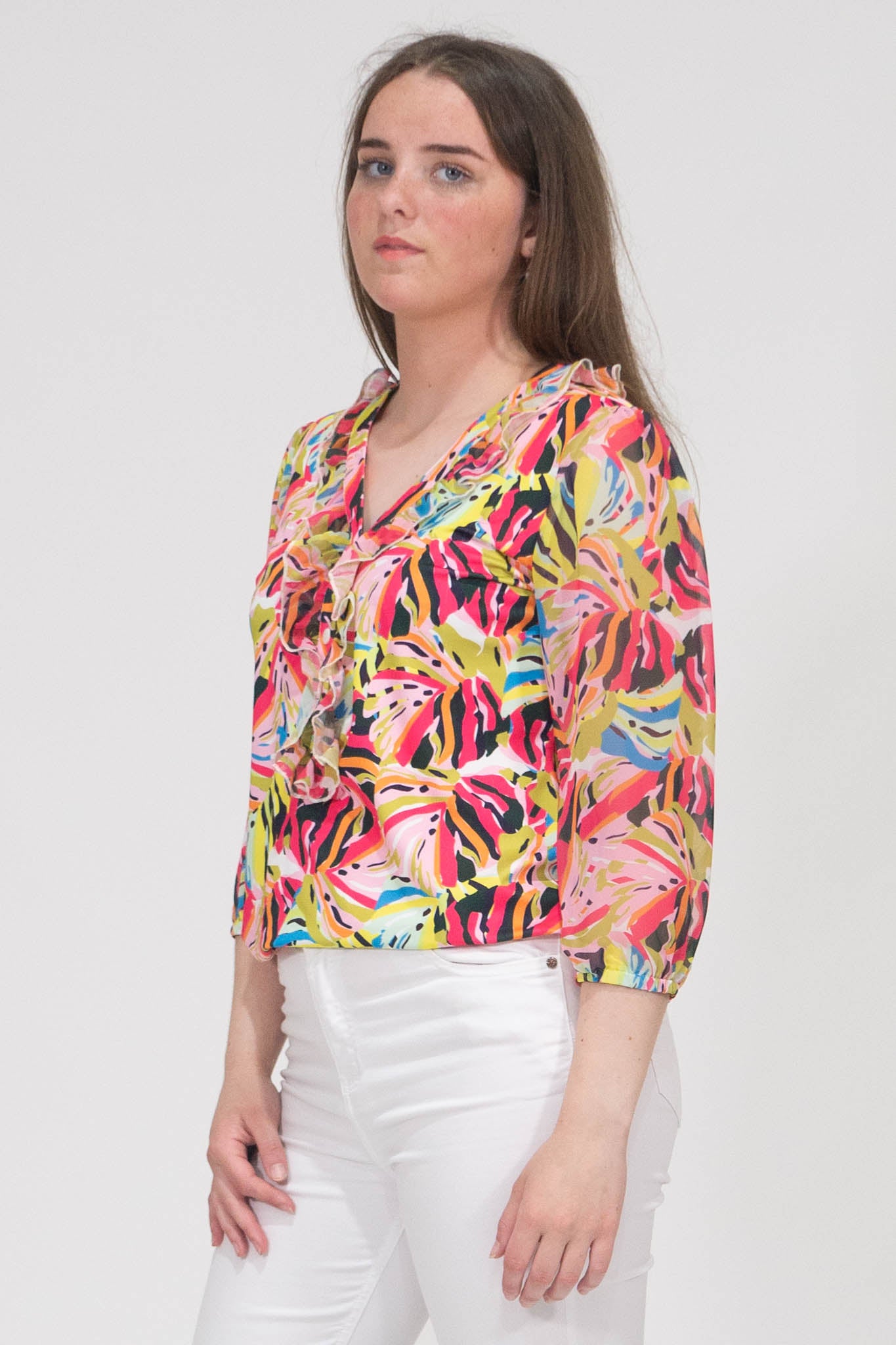 Aubree Floral Print Top With Elasticated Hem - Green & Pink