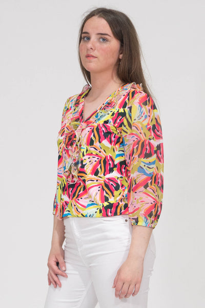 Aubree Floral Print Top With Elasticated Hem - Green & Pink