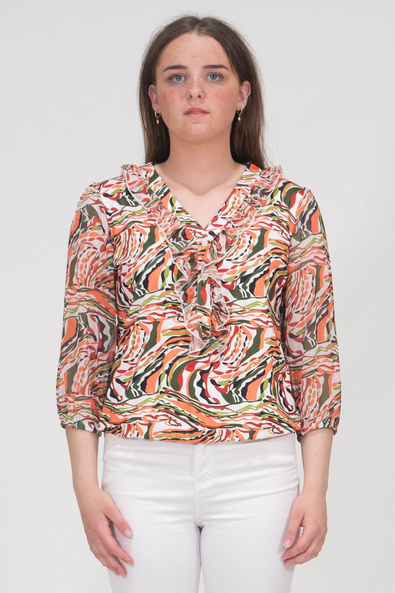 Aubree Abstract Print Top With Elasticated Hem - Orange & Green