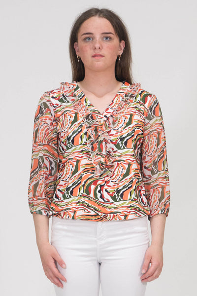 Aubree Abstract Print Top With Elasticated Hem - Orange & Green