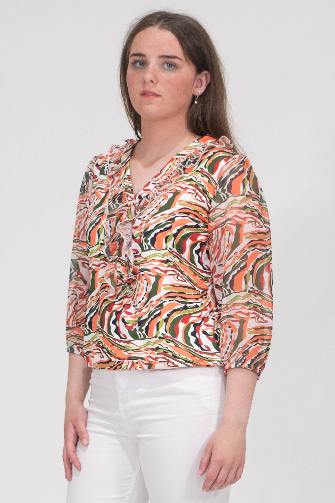 Aubree Abstract Print Top With Elasticated Hem - Orange & Green