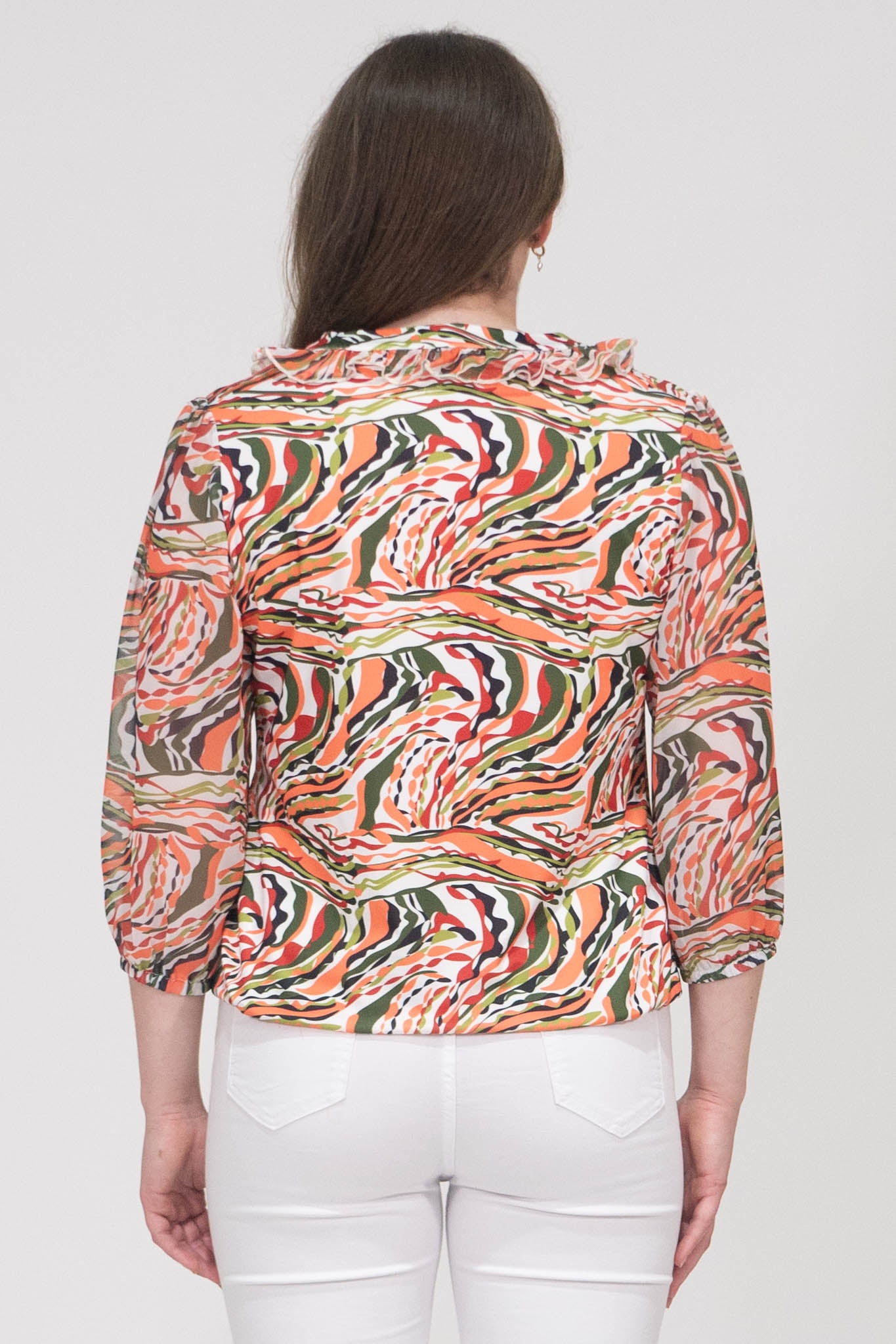 Aubree Abstract Print Top With Elasticated Hem - Orange & Green