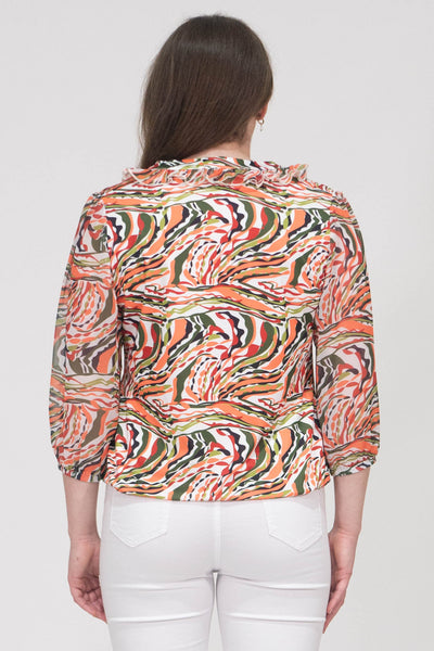 Aubree Abstract Print Top With Elasticated Hem - Orange & Green