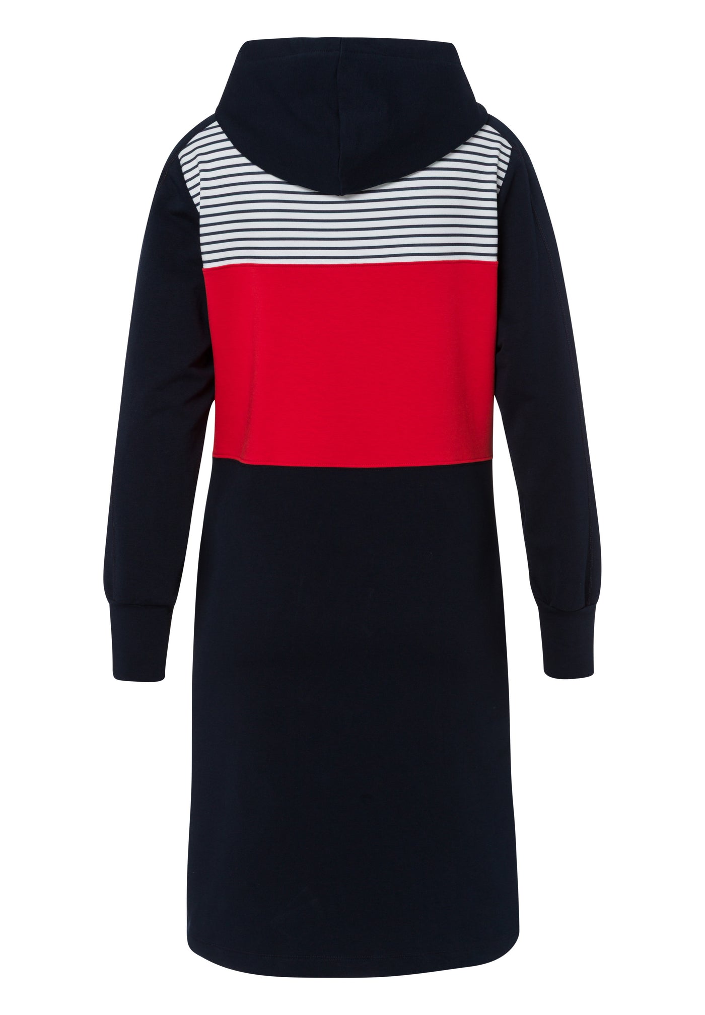 Embellished Navy Dress with Hood and Striped Detailing