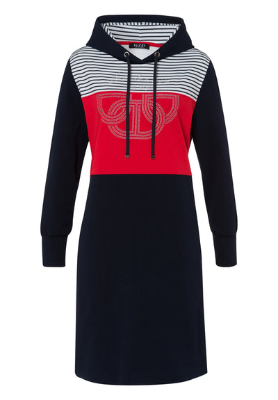 Embellished Navy Dress with Hood and Striped Detailing