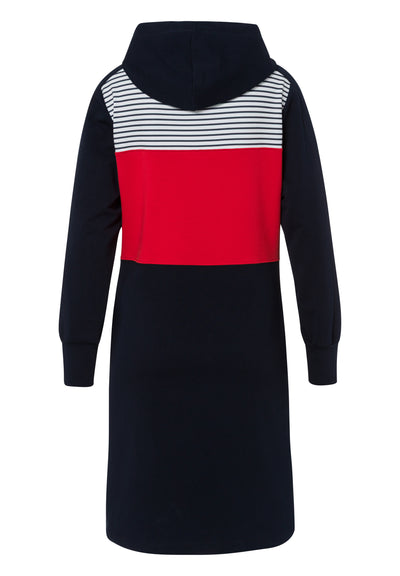 Embellished Navy Dress with Hood and Striped Detailing