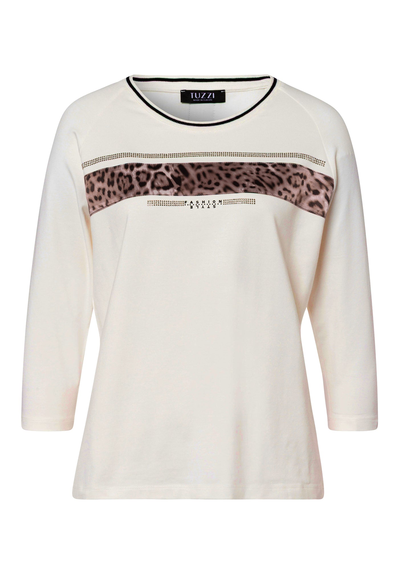 Off White Round Neck Top with Leopard Details