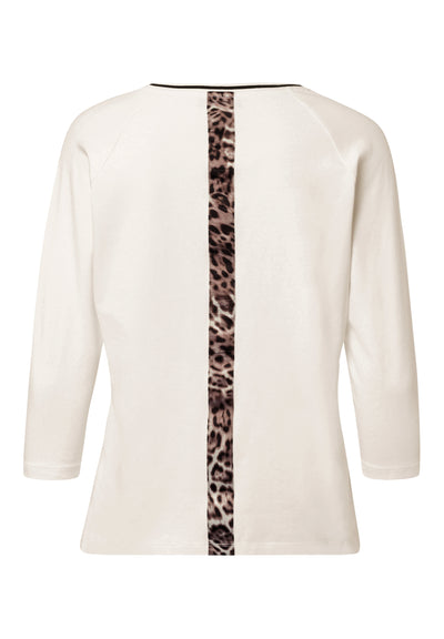Off White Round Neck Top with Leopard Details