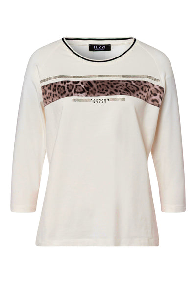 Off White Round Neck Top with Leopard Details