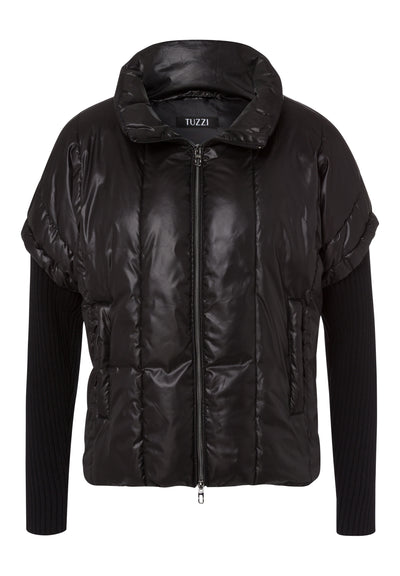 Faux Leather Jacket with Knit Sleeves