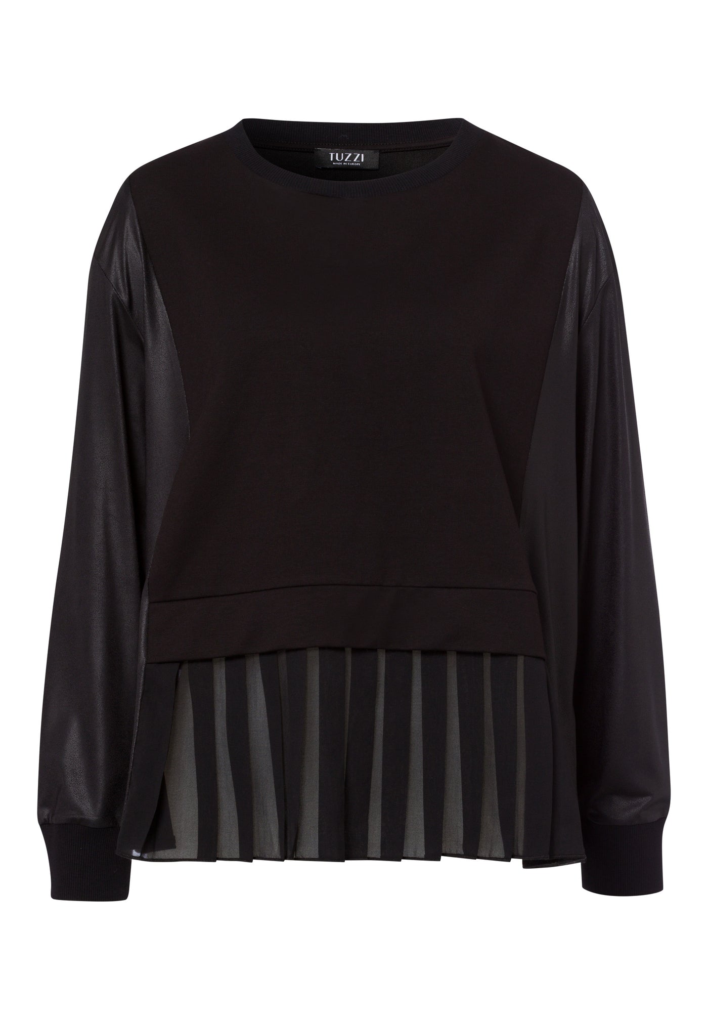 Black Leather Trim Top with Chiffon Effect