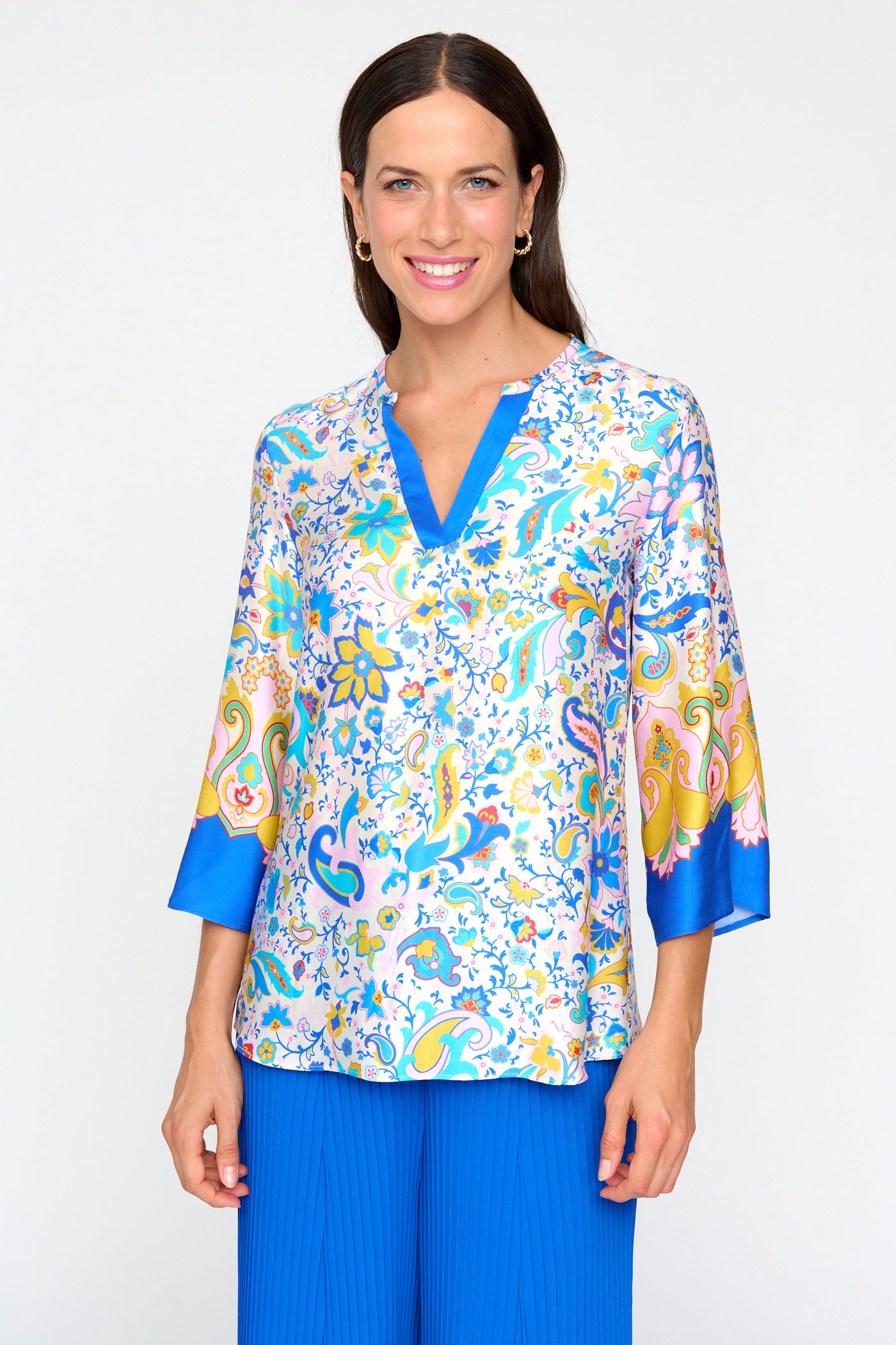 Blue, Pink & Yellow Floral Print Shirt with V-Neck