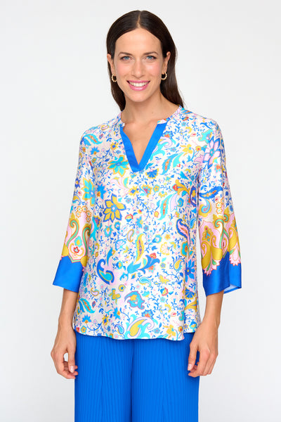 Blue, Pink & Yellow Floral Print Shirt with V-Neck