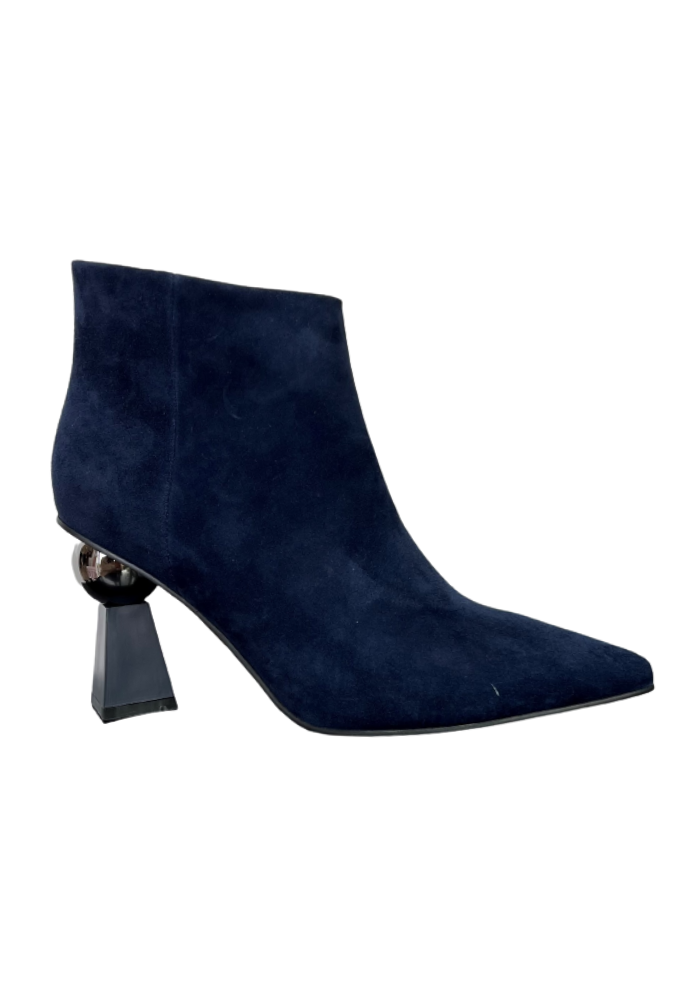 Navy Suede Boot with Detailed Heel and Side Zip