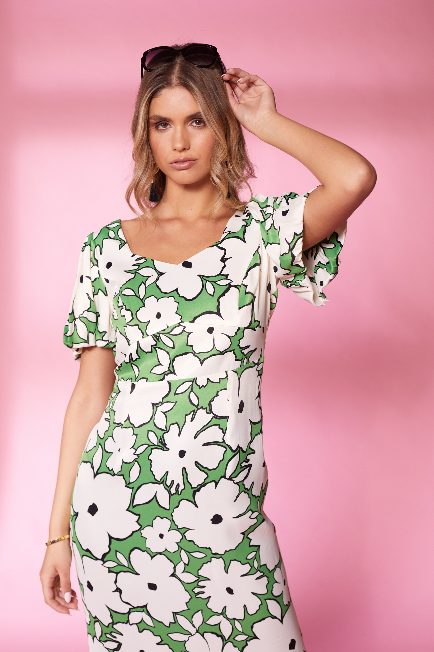Apple Green Dress with White Floral Print & Butterfly Sleeves