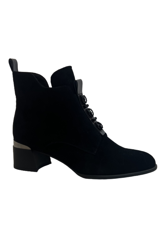 Black Suede Boot with Front Bead Detailing and Side Zip