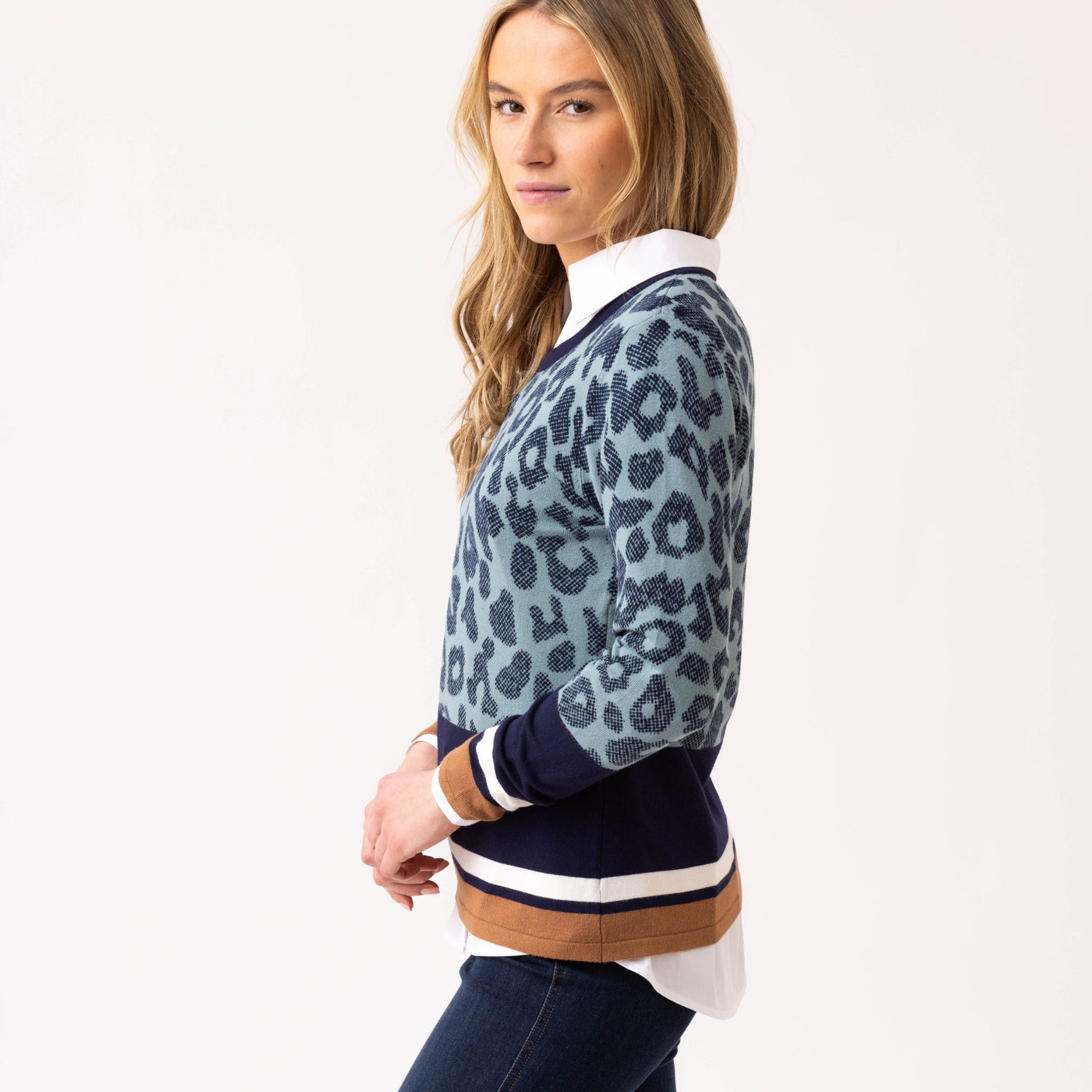 Navy/Brown/White Leopard Print Jumper