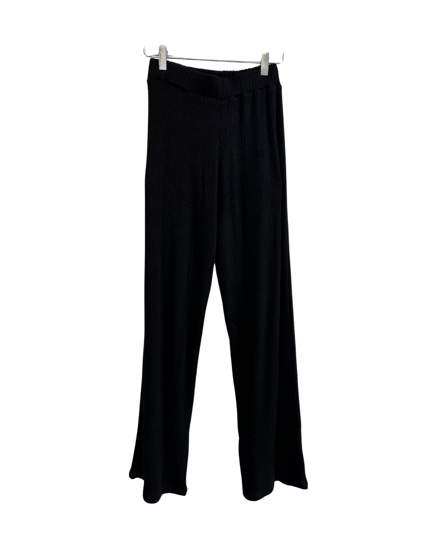 Black Ribbed High-Waist Trousers With Elasticated Waist