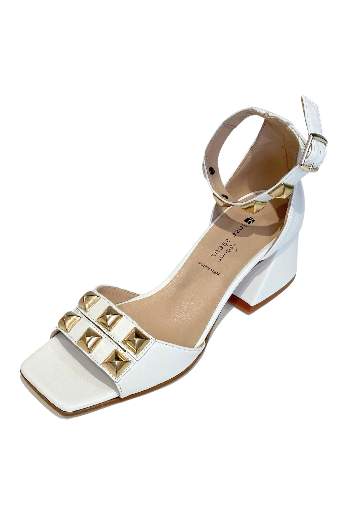 White Block Heel Sandal with Gold Studs
