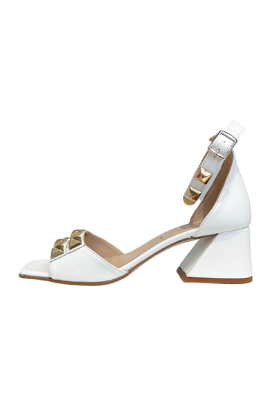 White Block Heel Sandal with Gold Studs