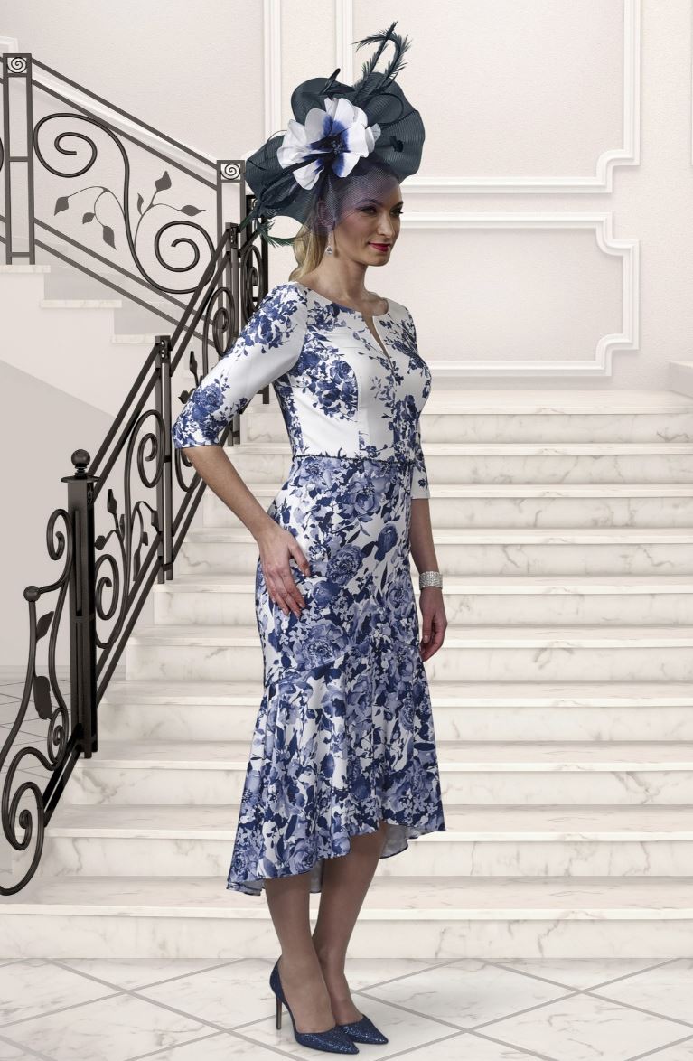 Navy/Ivory Floral Dress With Beaded Deailing