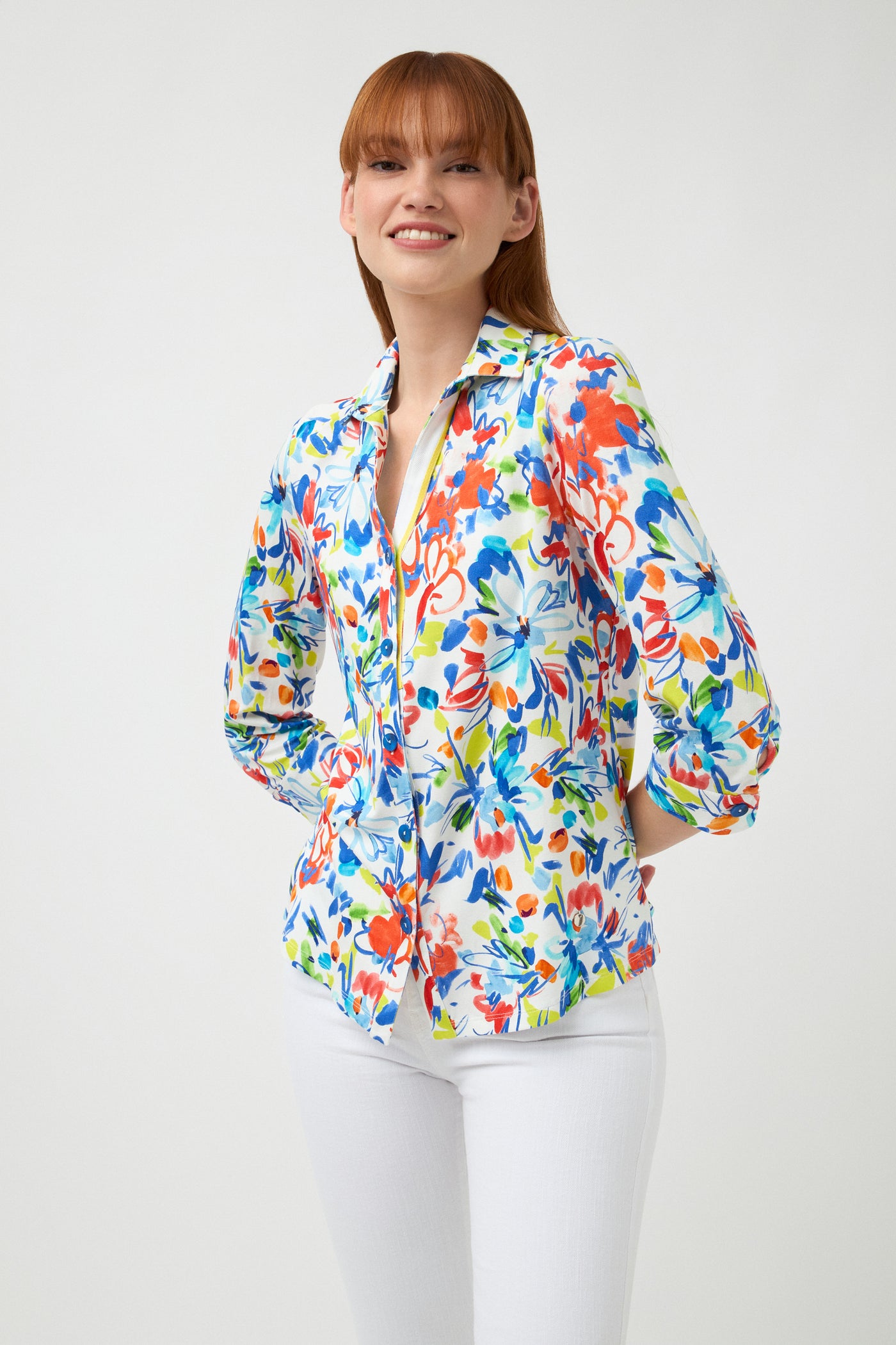 'Vedra' Multi Print Shirt with Blue Buttons