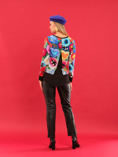 Kaleidoscope Round Neck Top with Black Cuffs and Hem Detail