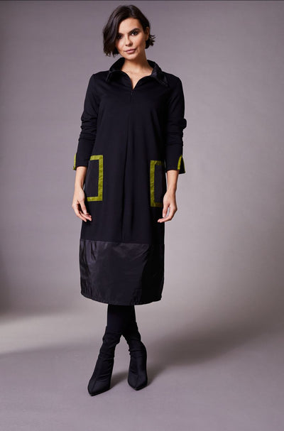 Black Zip-Up Dress With Lime Pocket Detail