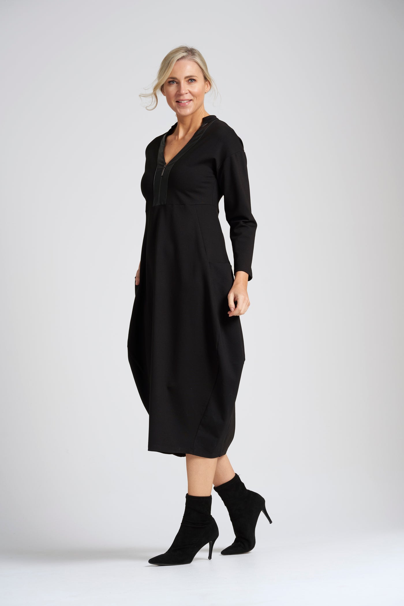 Black Dress With Pockets & Faux Leather Neckline