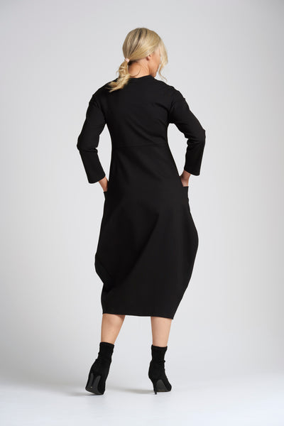 Black Dress With Pockets & Faux Leather Neckline