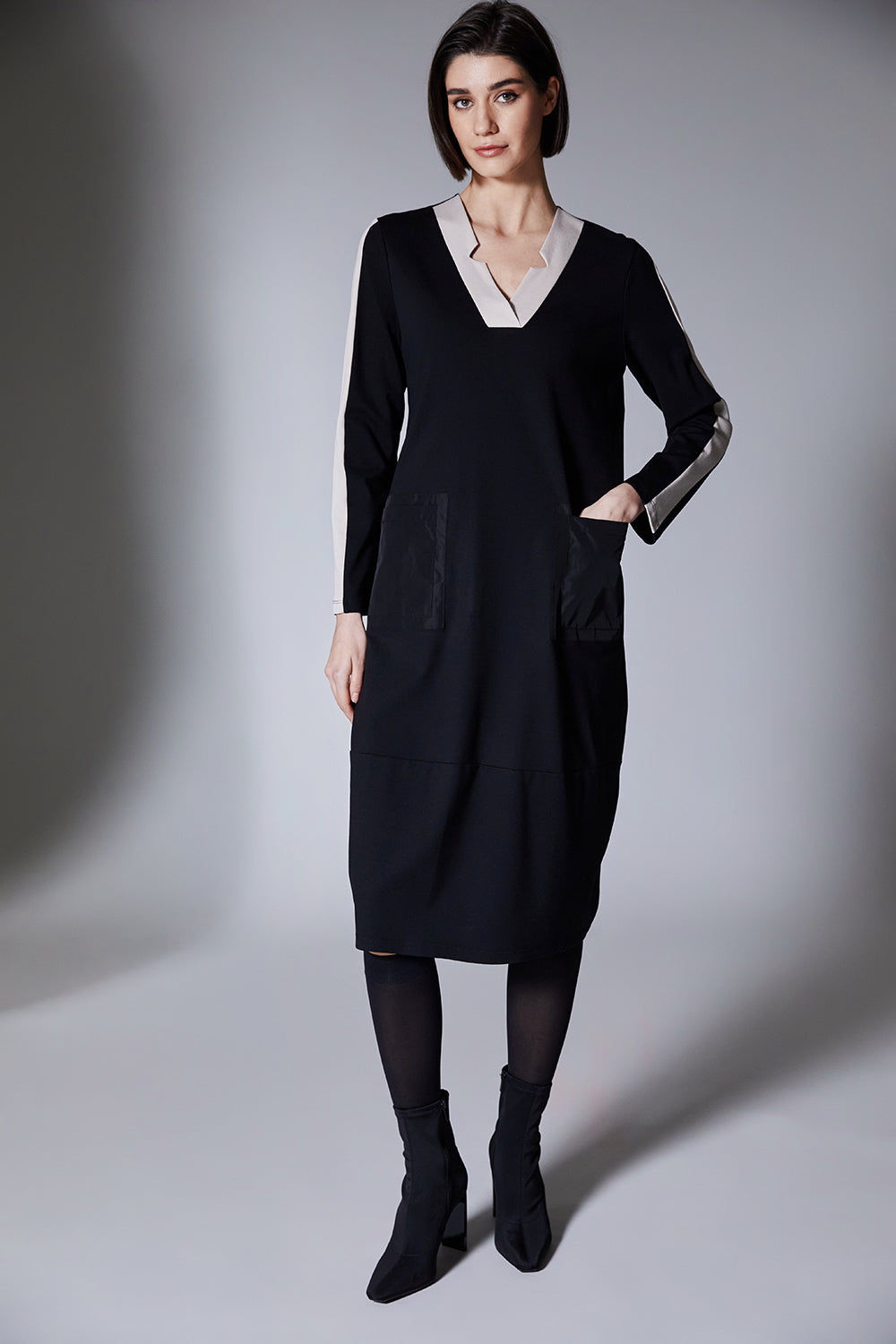 Peruzzi Black Dress With Beige Stripe Design
