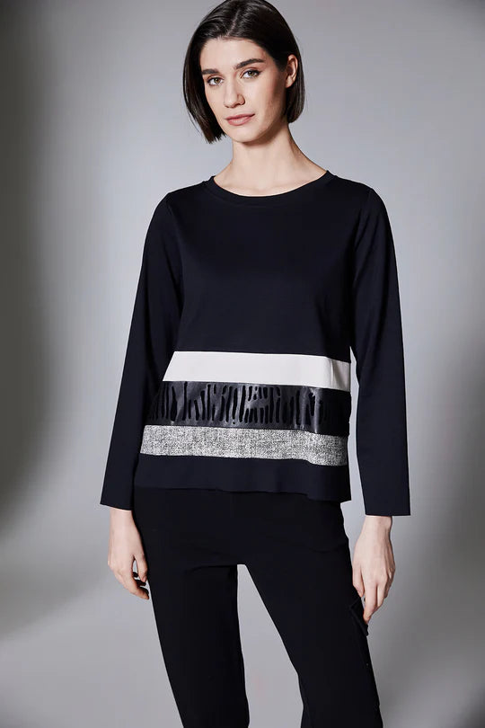Black Jumper with Cream Stripe and Faux Leather Detail
